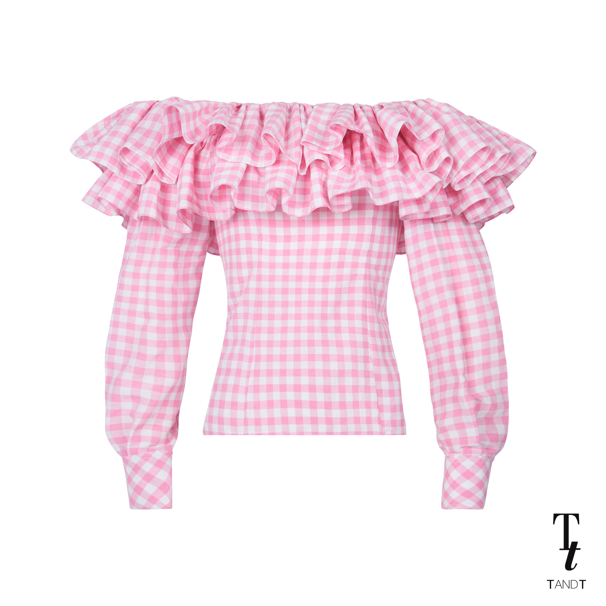 TandT - NICOLETTE - OFF-THE SHOULDER RUFFLE LONG SLEEVES GINGHAM TOP เสื้อเปิดไหล่แขนยาว ตกแต่งรูดชั้นระบาย 2 ชั้น ผ้าคอตต้อนลายสก็อต ราคา 2,740 บาท*ส่งฟรี