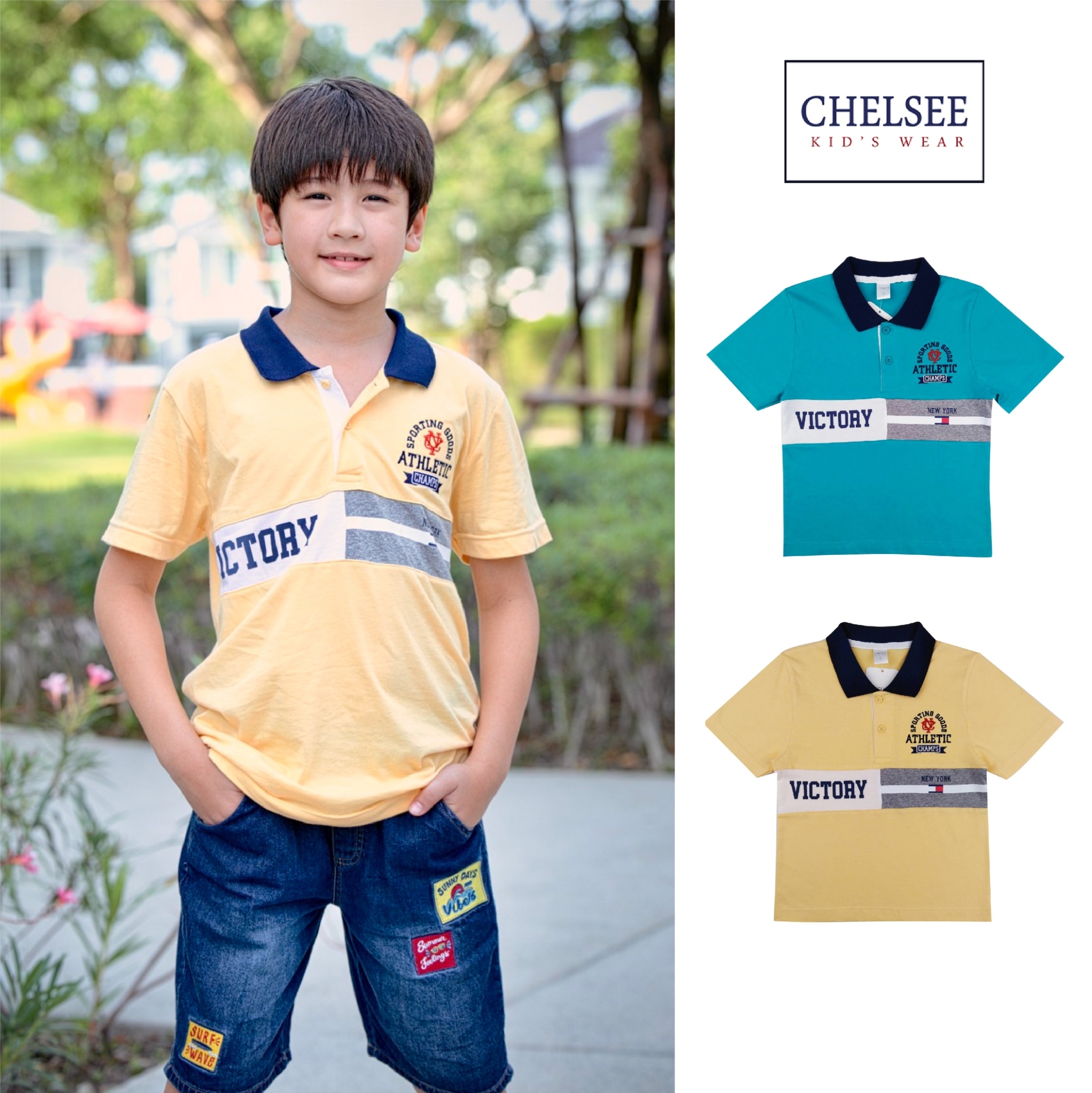Chelsee เสื้อโปโล เด็กผู้ชาย แขนสั้น รุ่น 127869 ลาย VICTORY อายุ 3-11 ปี ผ้า 100%Cotton เสื้อผ้าเด็กโต เสื้อโปโลเด็ก ราคา 159 บาท*ส่งฟรี