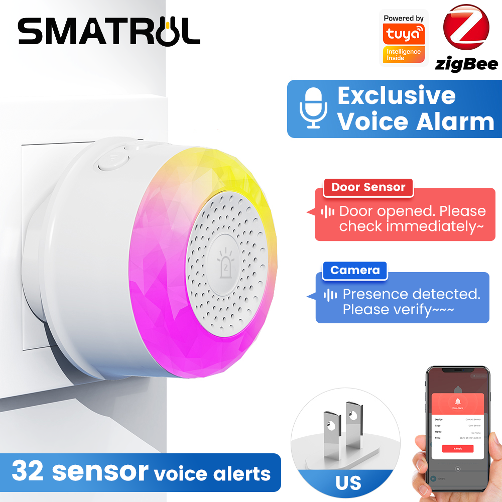 Smatrul Tuya Zigbee Smart Sound and Light Alarm Sensor, with Eu/Us/Uk Plug, Controlled Via Smart Life App, Compatible with Door/Window Sensors, Cameras, Soil, Gas, Smoke, and Water Sensors, with Push Notifications. ราคา 615 บาท*ส่งฟรี
