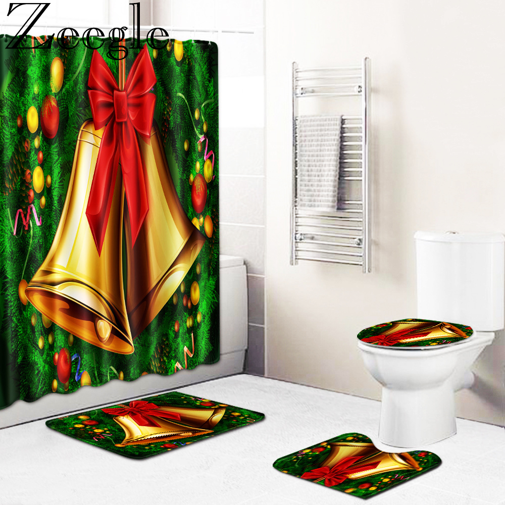 4Pcs Bathroom Carpet Waterproof Bath Mat Shower Curtain Set Pedestal Toilet Seat Mat Lid Cover Bath Mat Christmas Bathroom Rug