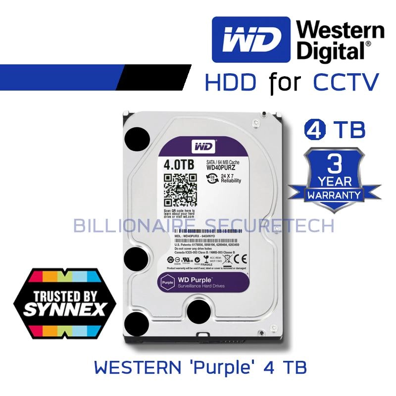 ภาพหน้าปกสินค้าWD P 4TB 3.5 Harddisk for CCTV - WD42PURZ ( สีม่วง ) รุ่นใหม่ของ WD40PURZ (by SYNNEX) BY BILLIONAIRE SECURETECH