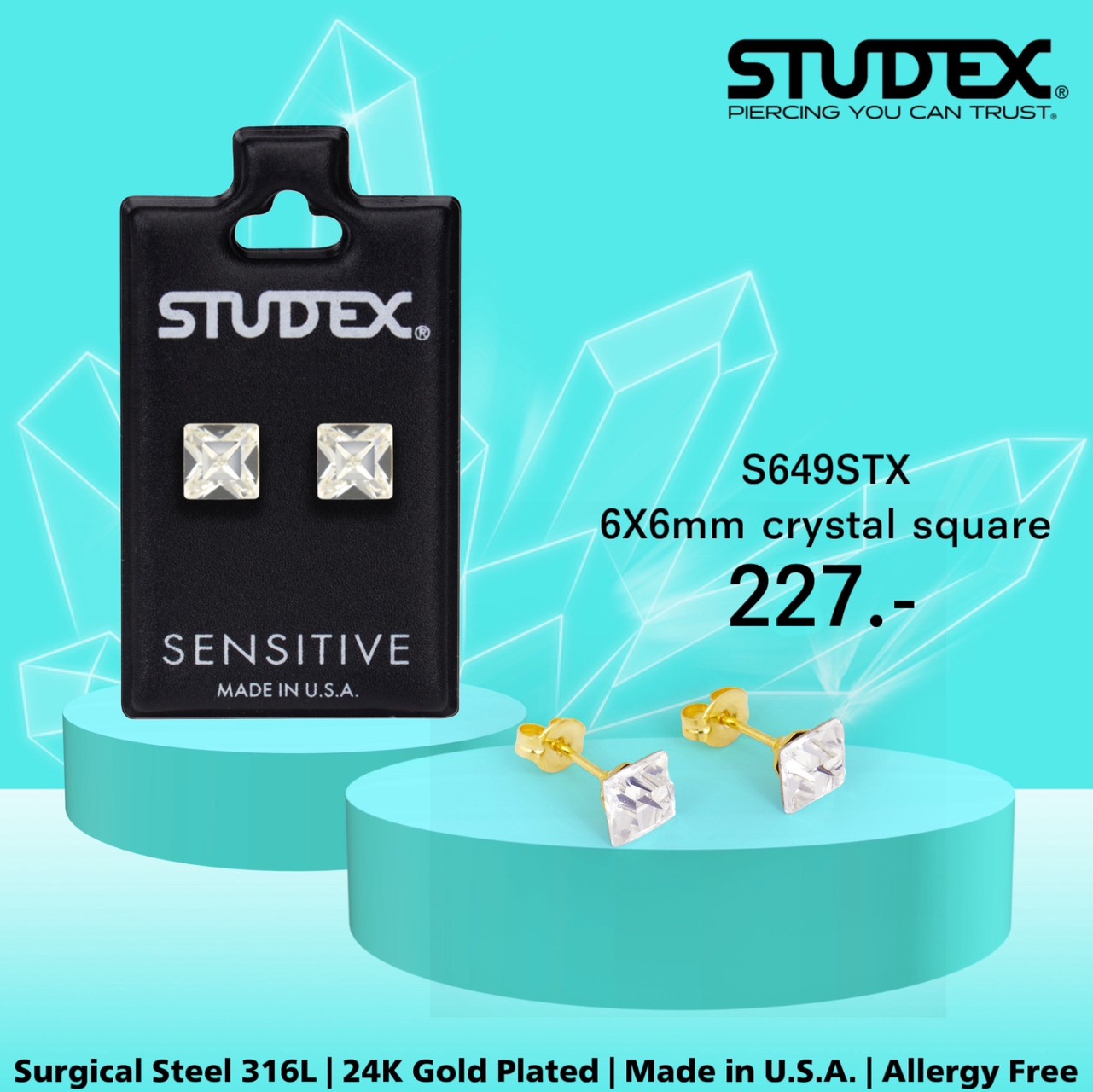 STUDEX S649STX ต่างหูแฟชั่นสำหรับหูแพ้ง่าย เคลือบทอง 24K 6MM CRYSTAL SQUARE ราคา 227 บาท*ส่งฟรี