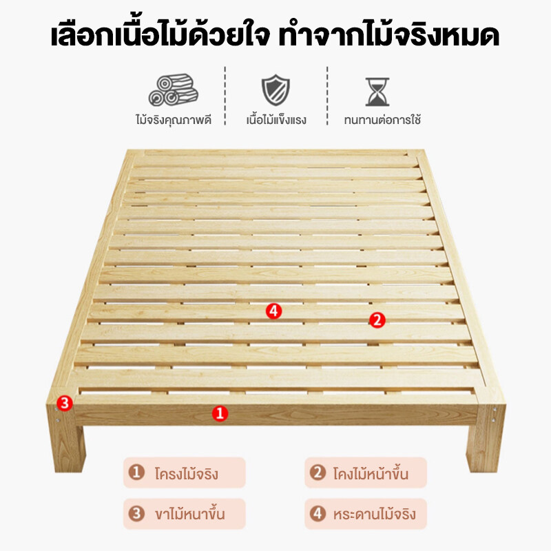 ข้อมูลเพิ่มเติมของ TATA 【ไม้จริง100%】เตียง เตียงไม้ เตียงนอน 6 ฟุต เตียงไม้สนไม้แท้ เตียงไม้ถูกๆ เตียงนอน 5 ฟุต สามารถใช้ได้อย่างน้อย 20 ปี  เตียงไม้เนื้อแข็ง bed