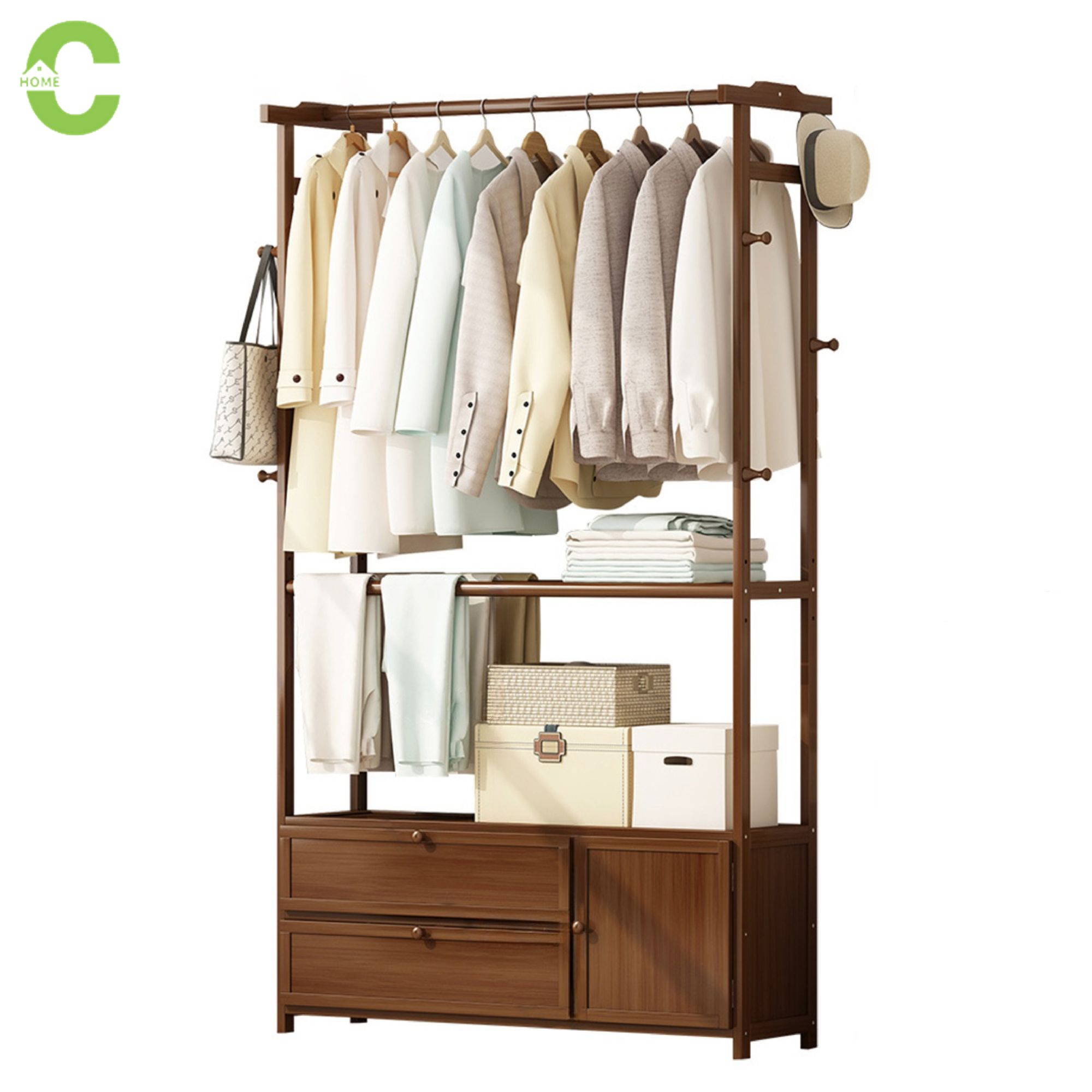 HOMEC ราวแขวนผ้า ราวแขวนผ้าไม้ ที่แขวนเสื้อผ้า ราวแขวนผ้ามีลิ้นชัก clothes rack มีตะขอด้านข้าง สามารถแขวนกระเป๋า และอุปกรณ์เสริมอื่น ๆ ราคา 869 บาท*ส่งฟรี