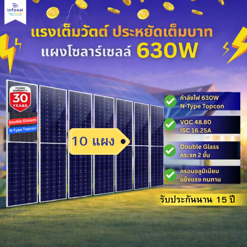 อุปกรณ์แต่งสวนและกลางแจ้ง infosat แผงโซลาร์เซลล์ Mono 630W รุ่นกระจก 2 หน้า รับแสง 2 ด้าน แสงแรง ทนแดด ฝน รุ่น Era-630W (10 แผง) ราคา 49,500 บาท*ส่งฟรี