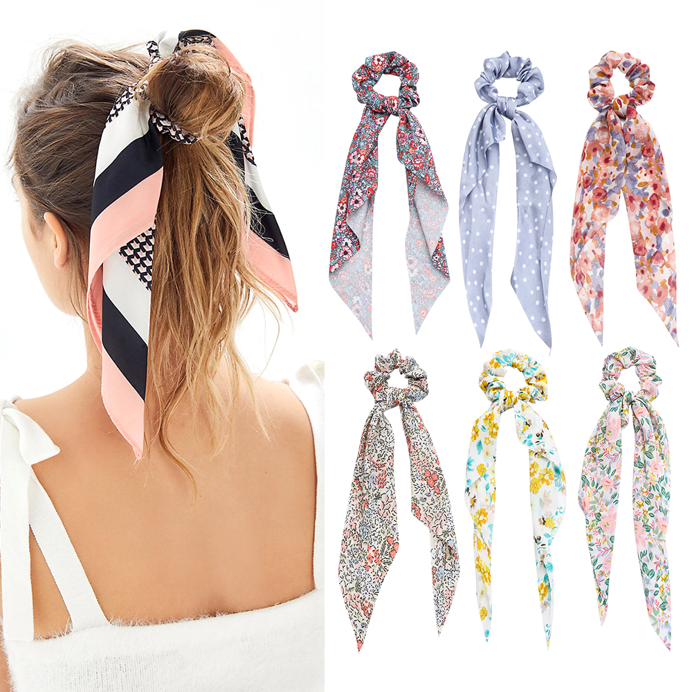 ORANGEJOY Ins Boho Bow Ribbon Scrunchie Women Girls Elastic Hair Bands Long Ribbon Hair Tie Ponytail scarf Floral Print Scrunchies