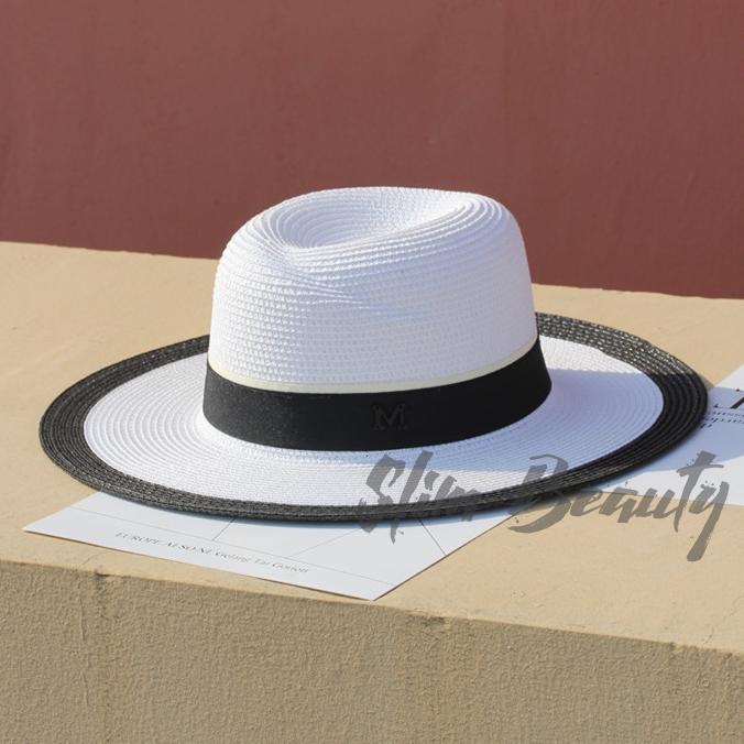 สีขาวขอบดำ พับได้ปีก หมวกปานามา สาน ทรงclassic ขนาดปีก 7cmClassic straw panama hat size 7cm