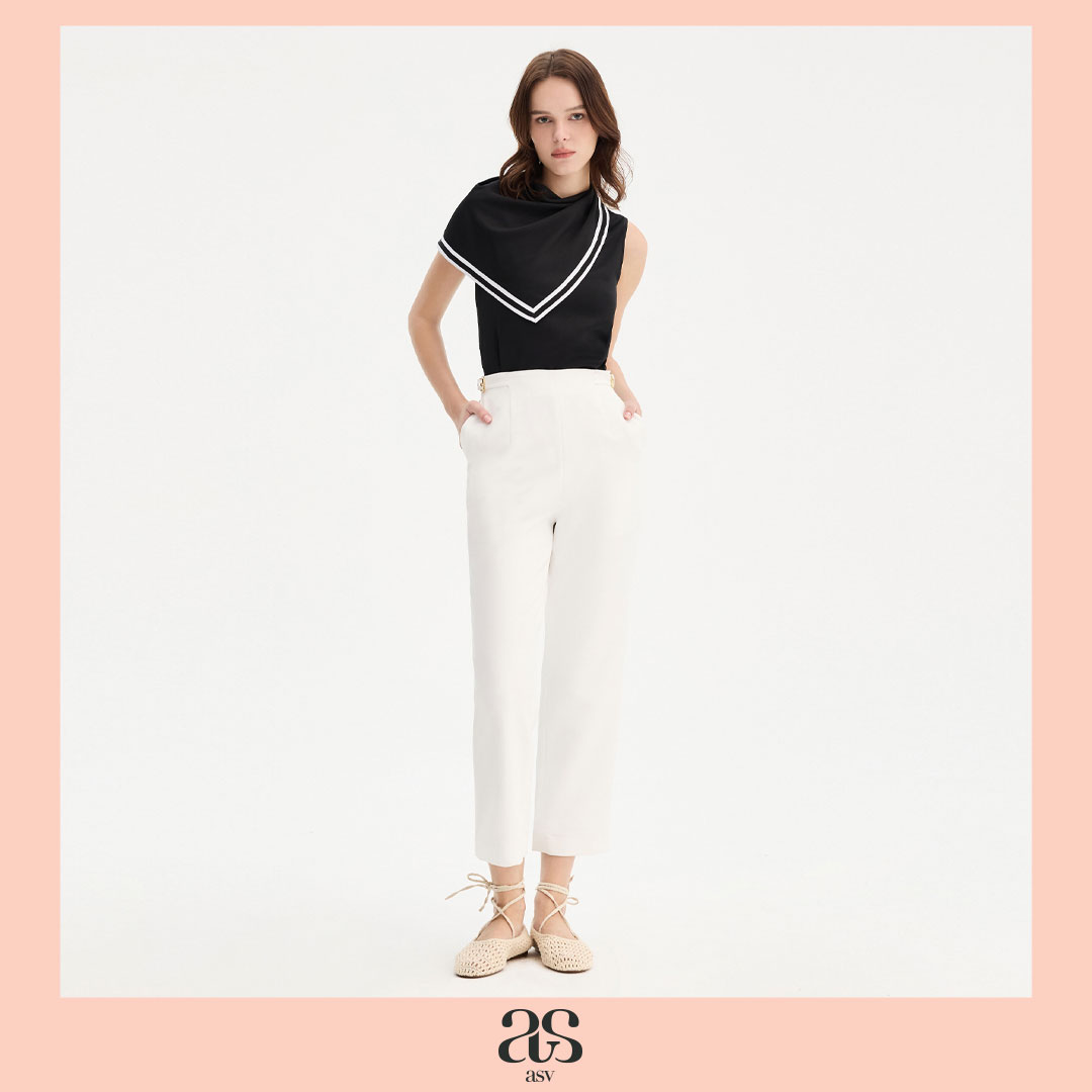 [Asv Ss26] Rebecca Tapered Pants, Women's Pants, Small Cylindrical Shape, Long Legs, High Waist, Belt Detail on the Side of the Body, Side Pockets, Zipper on the Back. ราคา 3,913 บาท*ส่งฟรี