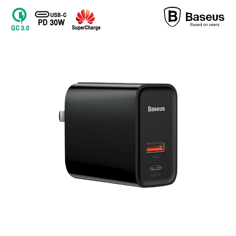 BASEUS หัวชาร์จเร็ว Adapter 2 port (QC3.0 + PD 30W + Supercharge) Quick Fast Charger