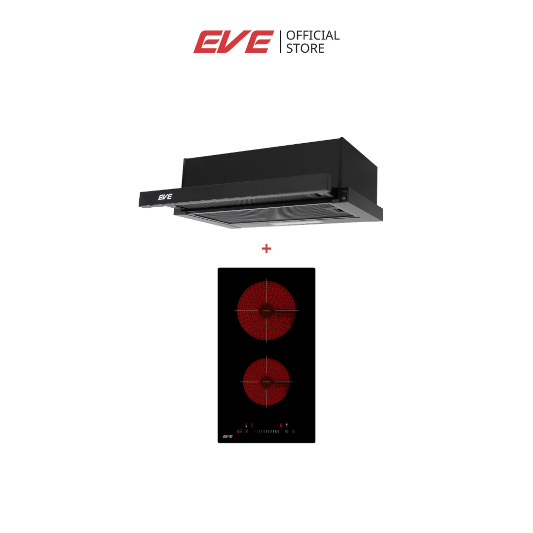 EVE SET เครื่องดูดควันแบบฝังรางเลื่อน รุ่น HS-BKT62C-60 + เตาไฟฟ้าเซรามิคแบบฝัง 2 หัว HB30-2CEM/SC ราคา 8,990 บาท*ส่งฟรี