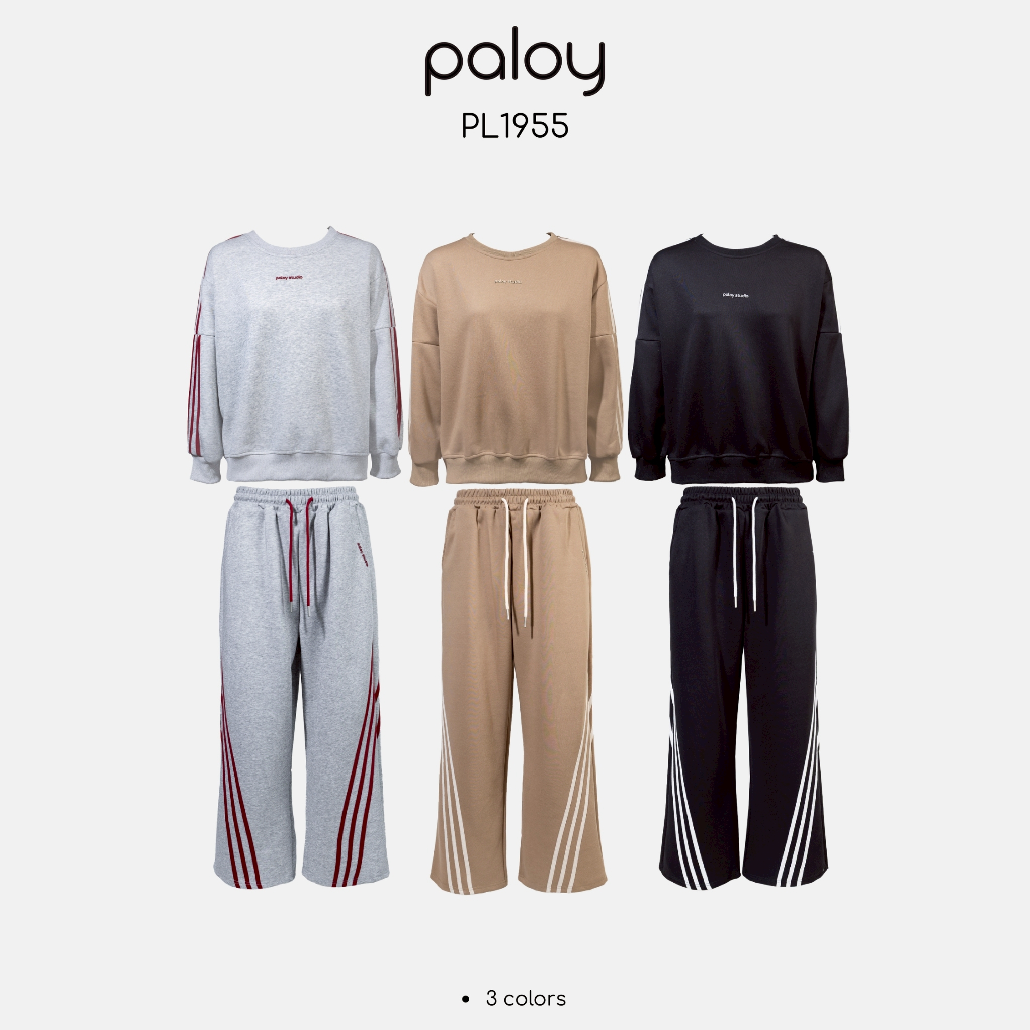 Paloy - Pl1955 Set of Long Sweatpants and Long-Sleeved Sweater with Double Stripes on the Sides. ราคา 890 บาท*ส่งฟรี