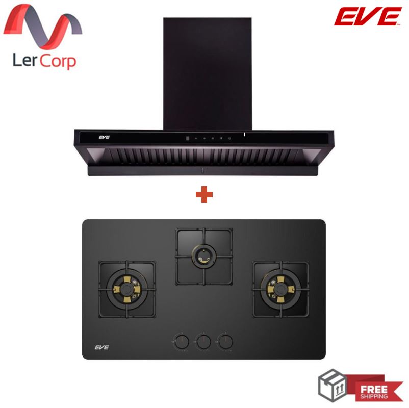 (EVE) เครื่องดูดควันติดผนัง HC-MAXIMUS-90 + เตาแก๊ส 3 หัว แบบฝัง ฐานกระจกนิรภัย HB78-3BBTA/BG ราคา 23,990 บาท*ส่งฟรี