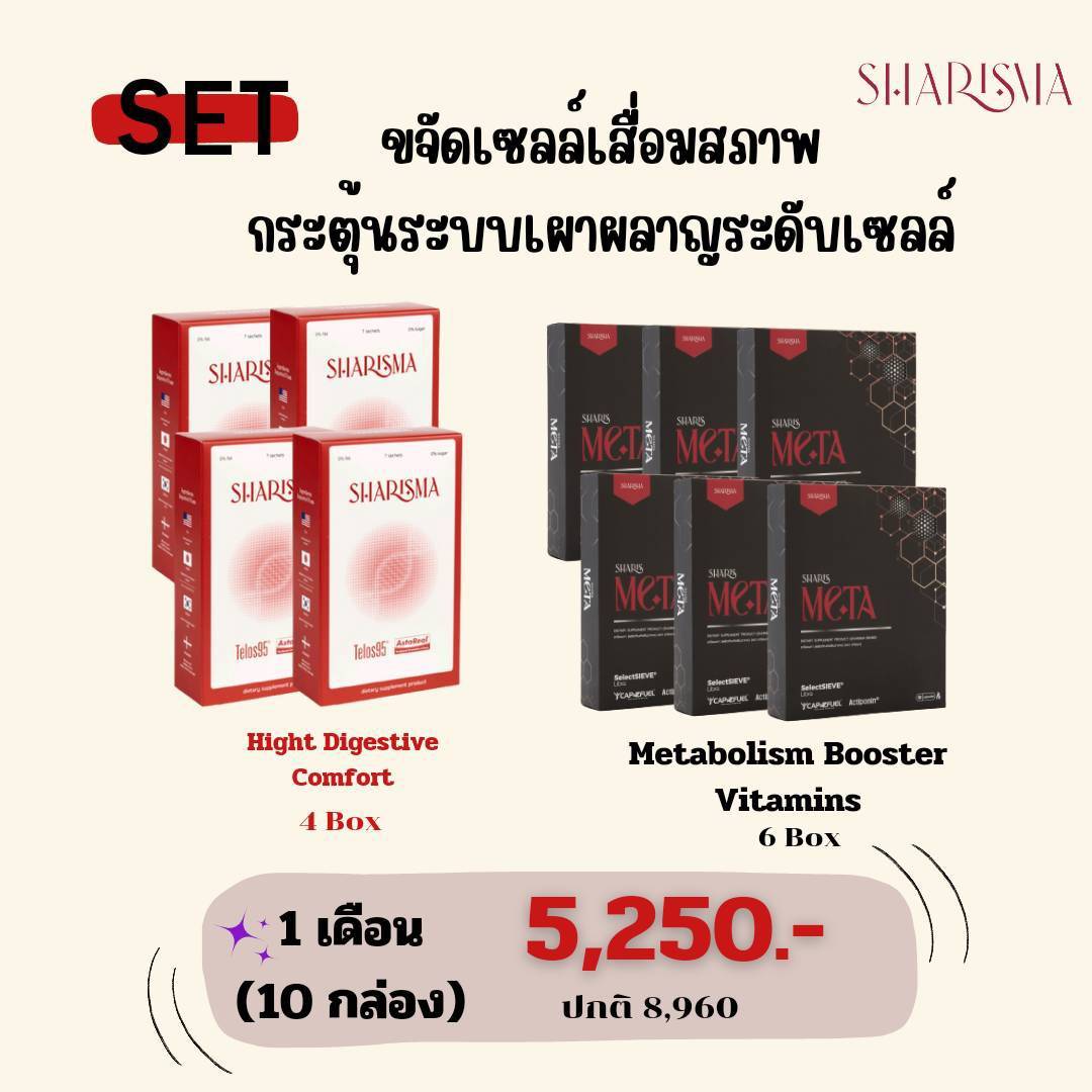 ผลิตภัณฑ์เพื่อสุขภาพ Sharisma 4 กล่อง + SharisMeta 6 กล่อง เซ็ทขจัดเซลล์เสื่อมาภาพ ปรับสมดุลเผาผลาญ (1 เดือน) ราคา 5,250 บาท*ส่งฟรี