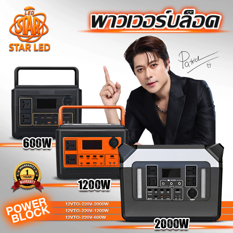 พาวเวอร์บล็อค กำลังไฟ มีให้เลือก 3 รุ่น 600/1200/2000W แหล่งจ่ายไฟฉุกเฉินสำหรับการตั้งแคมป์กลางแจ้งแบบใช้พลังงานสูง ชาร์จพลังงานแสงอาทิตย์ได้ ราคา 9,999 บาท*ส่งฟรี