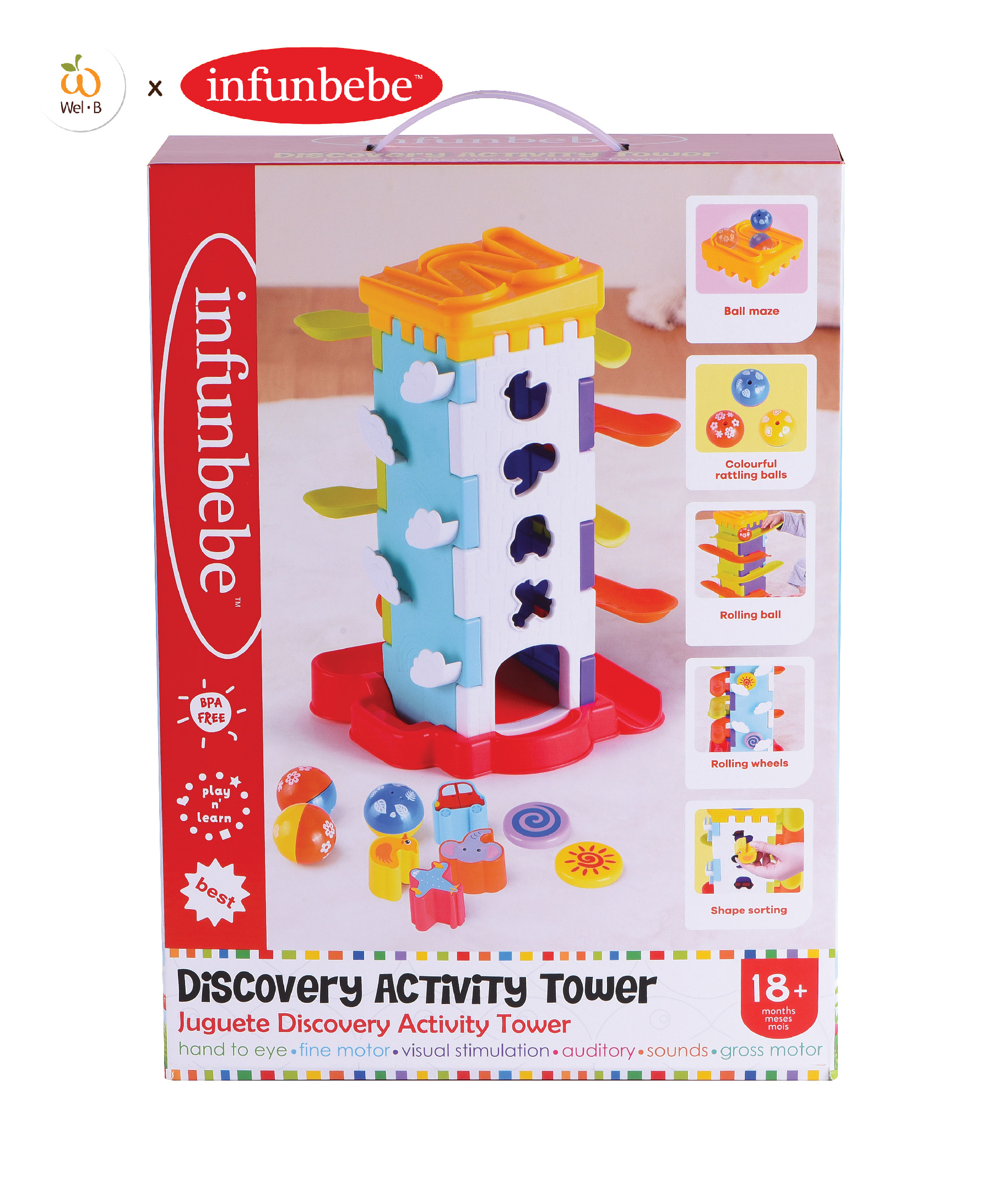 Wel-B X Infunbebe Discovery Activity Tower(m Top) (Activity Box) - 5-Sided Developmental Toys, Practice Learning Skills. ราคา 570 บาท*ส่งฟรี