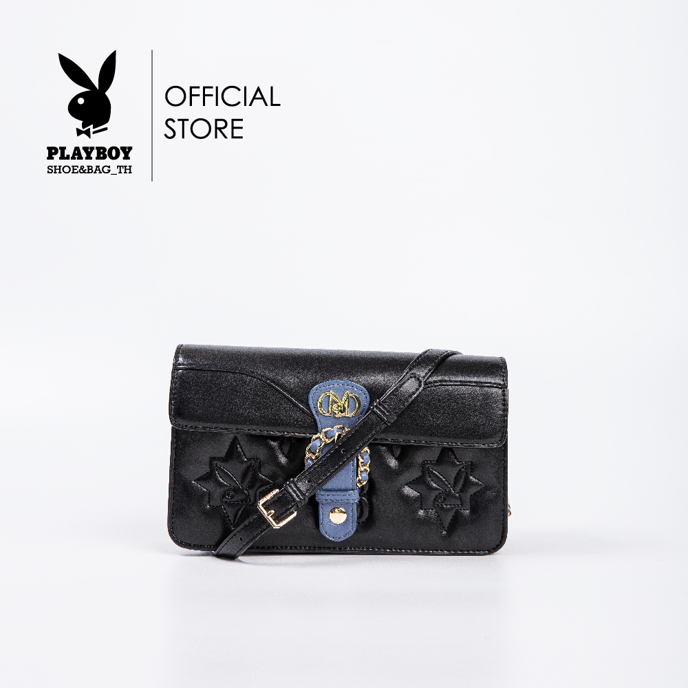 Playboy genuine genuine genuine women's messenger bag ST-B234PB545 good size pump sink cover leather chain with 2 colors black and pink ราคา 1,328 บาท*ส่งฟรี