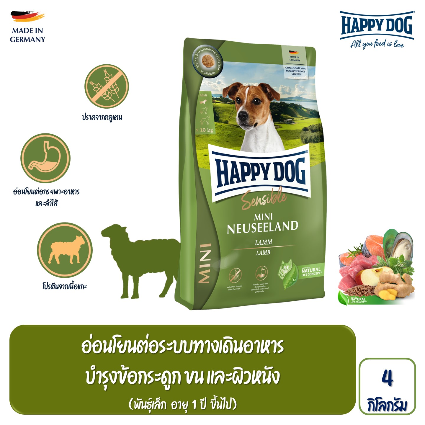 Happy Dog Mini Neuseeland สูตรสุนัขโตพันธุ์เล็ก เนื้อแกะ 4 kg ราคา 1,090 บาท*ส่งฟรี