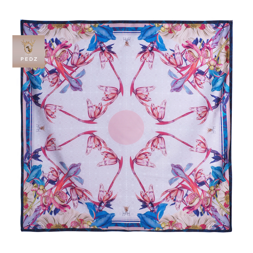 PEDZ Blue Shala Flower in Secret Garden Silk Satin Premium Scarf ราคา 1,490 บาท*ส่งฟรี