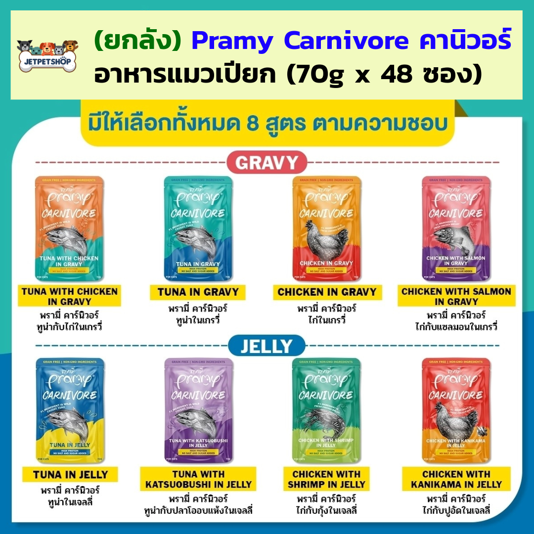 (ยกลัง48ซอง) Pramy Carnivore พรามี่ คานิวอร์ อาหารเปียกแมว โปรตีนสูง ไม่มีน้ำตาลและเกลือ