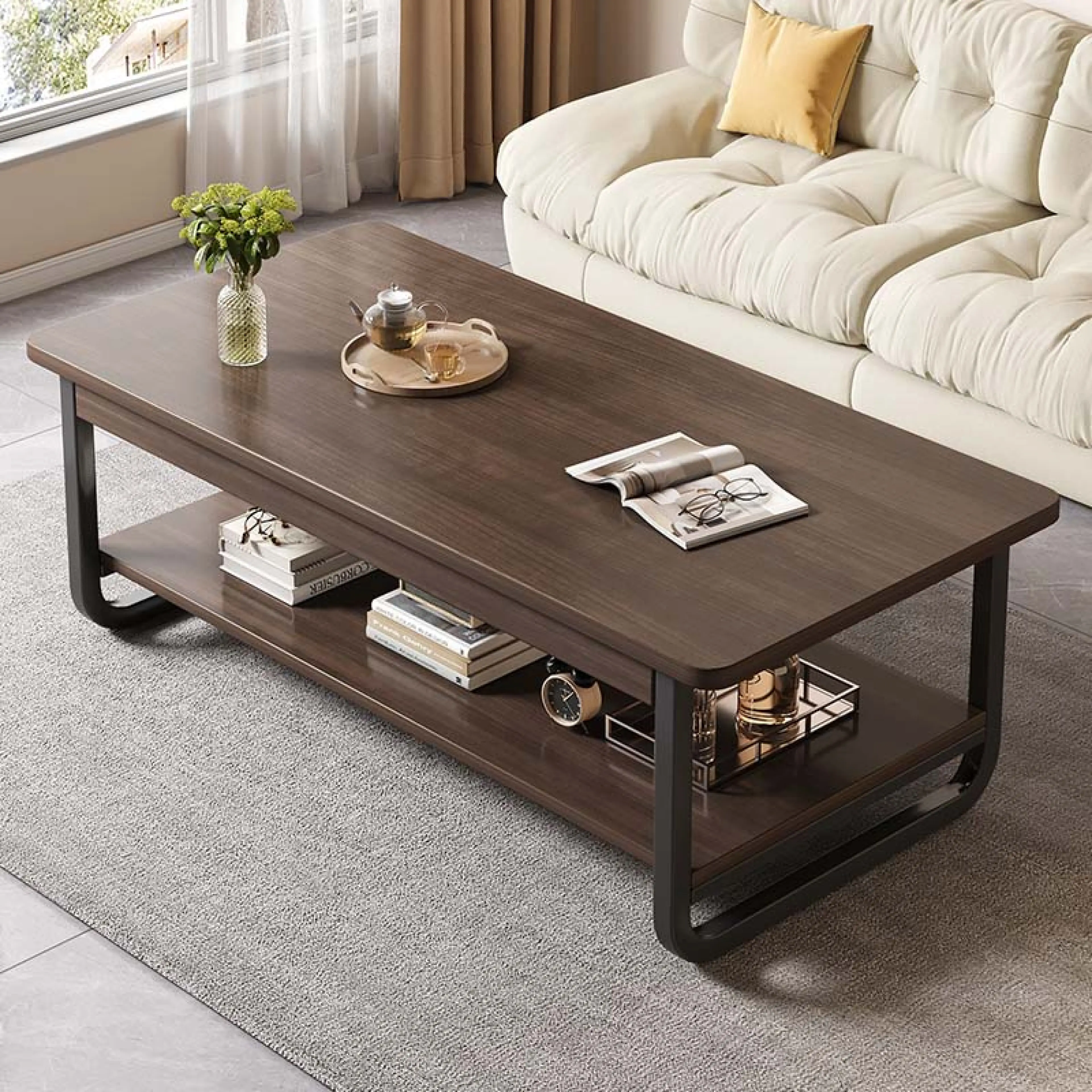 Center Table, Living Room Center Table with Shelves Modern Style, Wood Color Strong Iron Legs, Coffee Table, Living Room Table. Lots of Storage, Easy to Assemble, Durable and Can Be Used for a Long Time.