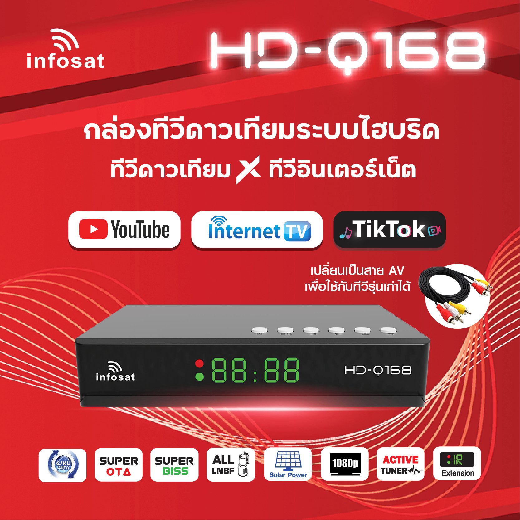 เครื่องรับสัญญาณทีวีดาวเทียม & อินเทอร์เน็ต infosat HD-Q168 2024 รองรับจาน C และ KU ราคา 455 บาท*ส่งฟรี