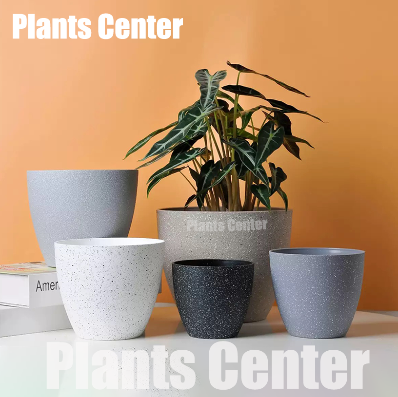 Plants Center T015 Minimalist Style Plant Pot with Pot Tray, Plastic Pot, Granite Pattern.