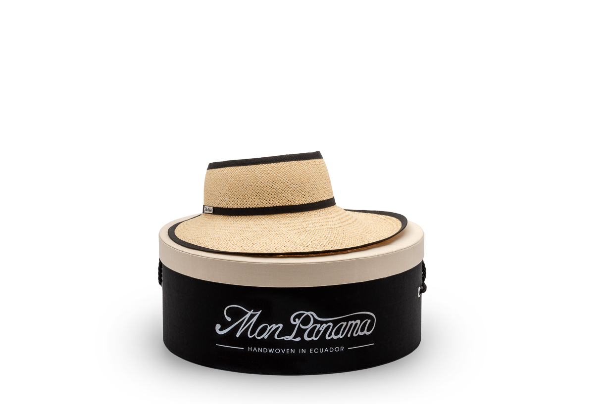 Panama hat - MONPANAMA VIZOR, Authentic Light Honey Packable Wide-Brim Visor (Fine Crochet Technique) for Ponytail Styling, handwoven Toquilla palm hat (UPF 40+) with premium hatbox ราคา 7,800 บาท*ส่งฟรี