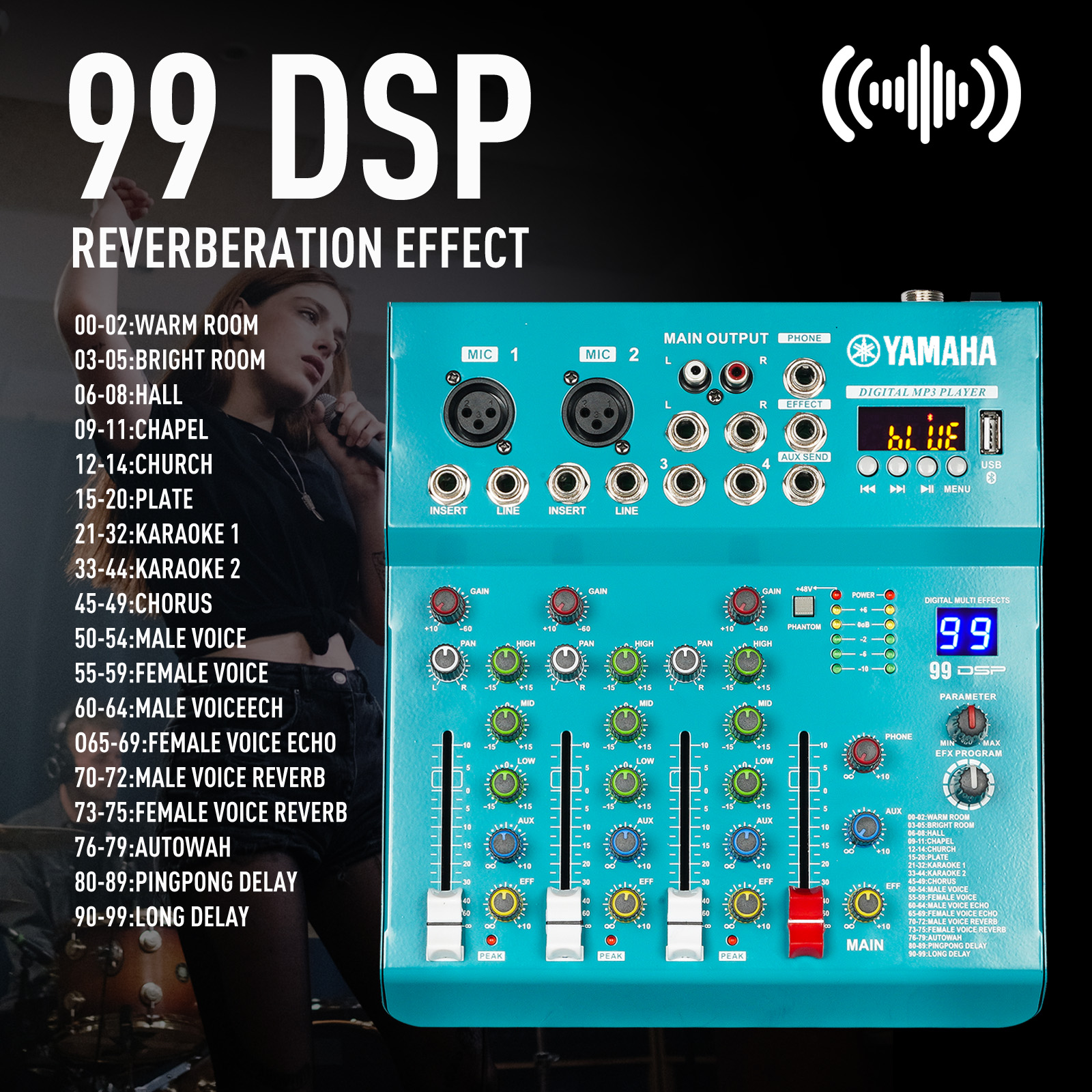 New Yamaha 99 DSP effect 4 channel mixer with Bluetooth USB with computer recording function ราคา 1,388 บาท*ส่งฟรี