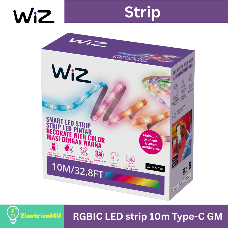 WiZ RGBIC LED Strip 10m ไฟเส้นอัจฉริยะ เปลี่ยนสีได้ (เซทได้หลายสีในเส้น) ขนาด 10 เมตร (ตัดได้ต่อไม่ได้) ราคา 1,519 บาท*ส่งฟรี