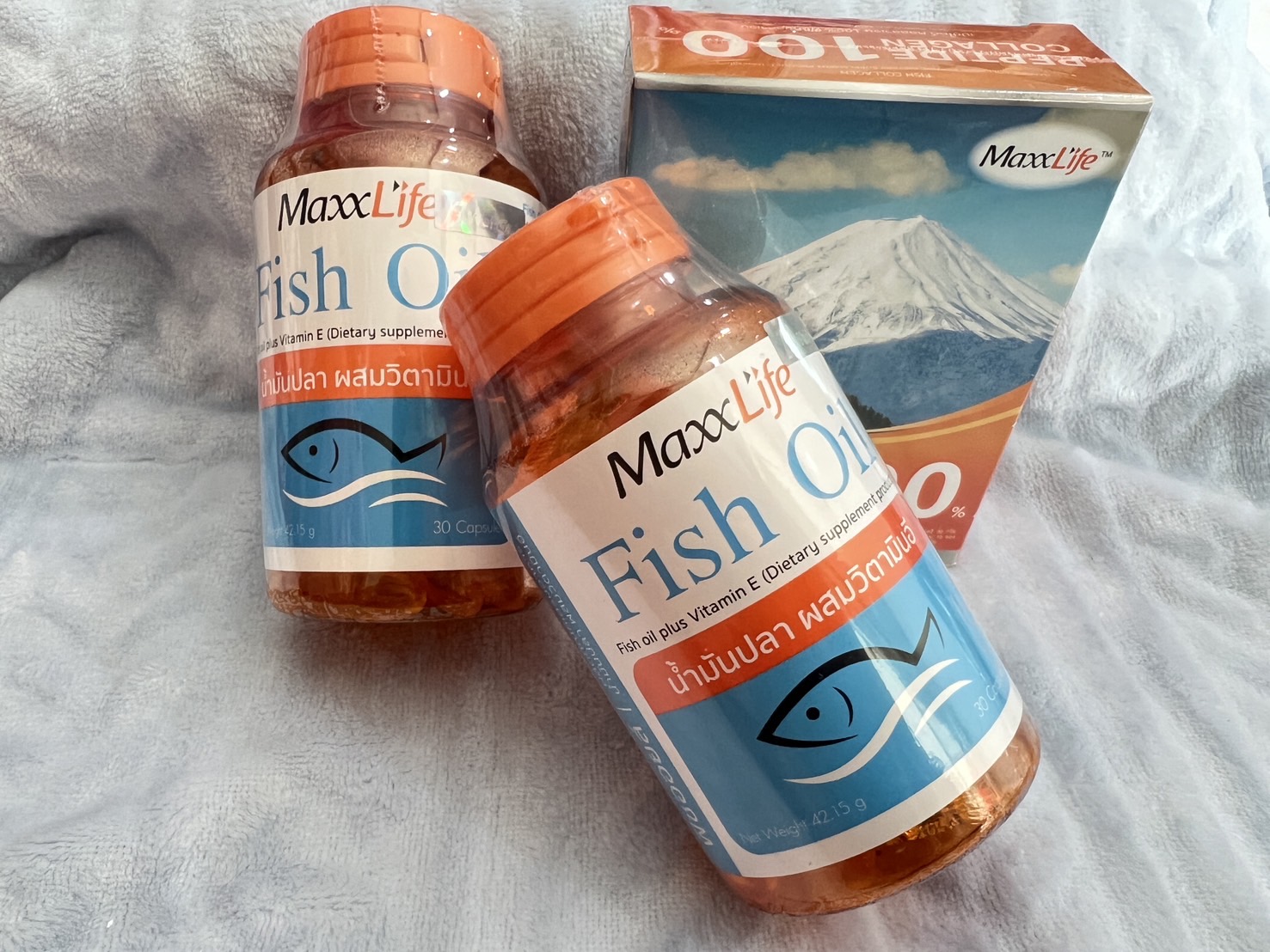 MaxxLife Fish Oil 30 Caps. น้ำมันปลา ผสมวิตามินอี โปรโมชั่น 2ขวด แถมฟรี คอลลาเจน 1กล่อง ราคา 250 บาท*ส่งฟรี