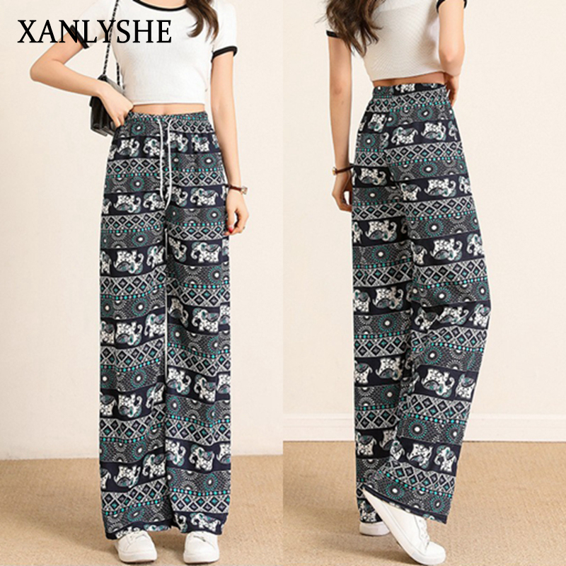 XANLYSHE กางเกงขากว้างทรงช้างไทยสไตล์ชาติพันธุ์เอเชียตะวันออกเฉียงใต้กางเกงชายหาดผู้หญิงกางเกงขาตรงเอวสูงแบบบางใส่แล้วดูผอมสำหรับฤดูร้อน ราคา 30 บาท*ส่งฟรี