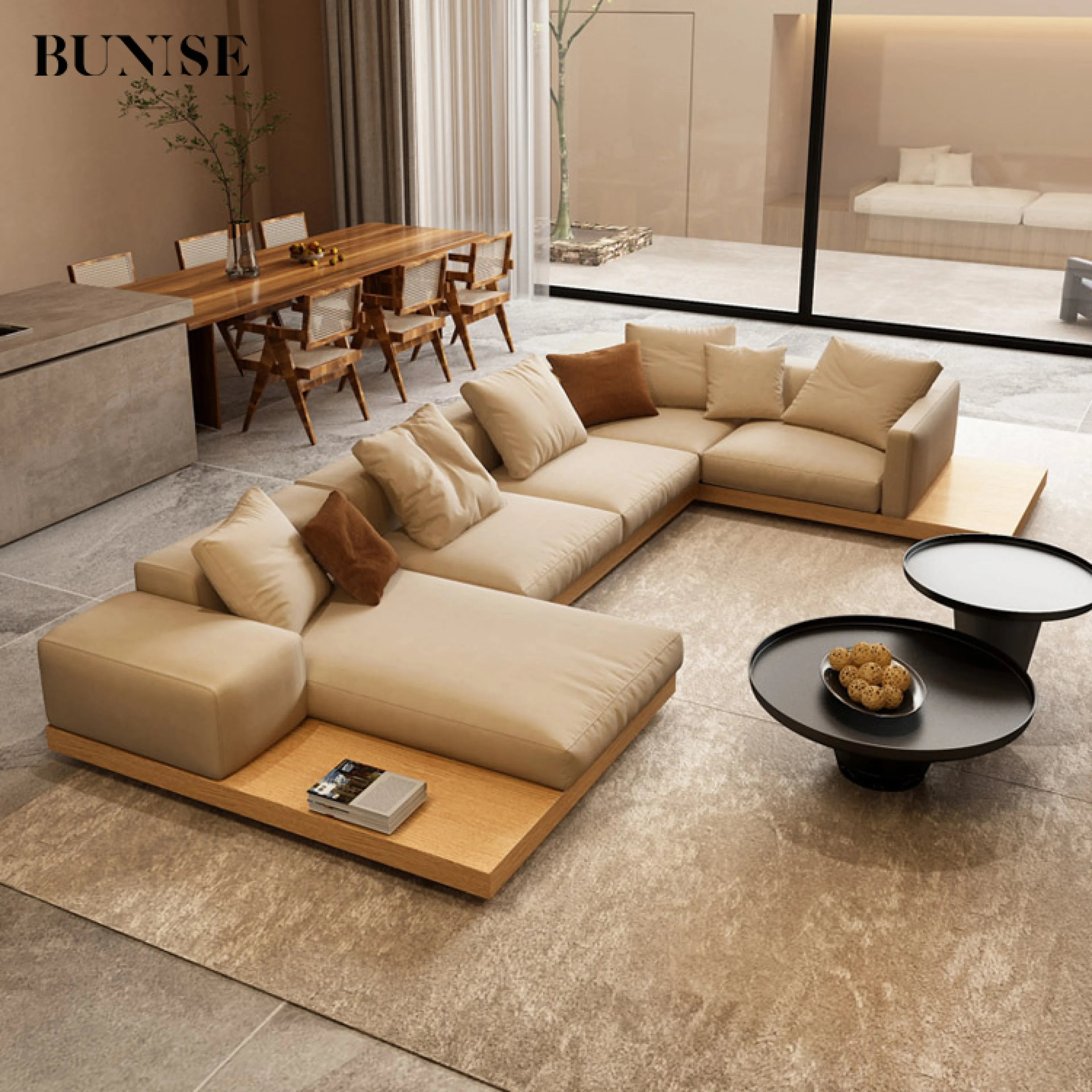 Bunise Corner-Shaped Technology Fabric Sofa Japanese Wabi-Sabi Style with Chrome Legs, Real Wood Base, Rubber Sponge. Row-Profile Design Suitable for Living Rooms in Single-Family Homes or Villas. Model Illimited. Free Delivery Throughout Thailand.