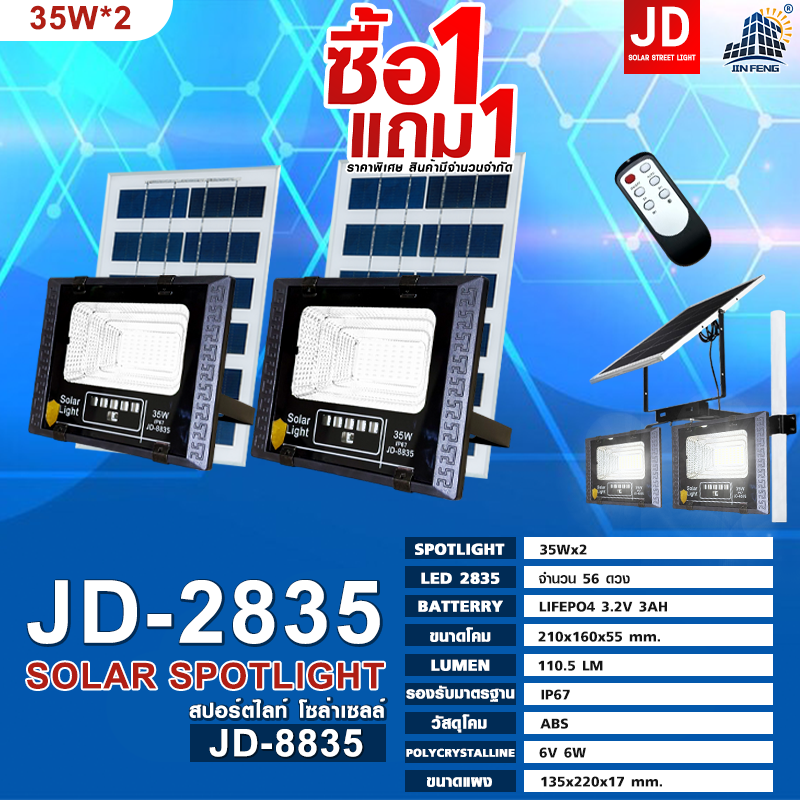 1 Get 1 JD solar cell light 45W 35W solar cell lamp spot light solar cell light with remote white light spot light waterproof solar cell light IP67 1 year warranty ราคา 190 บาท*ส่งฟรี