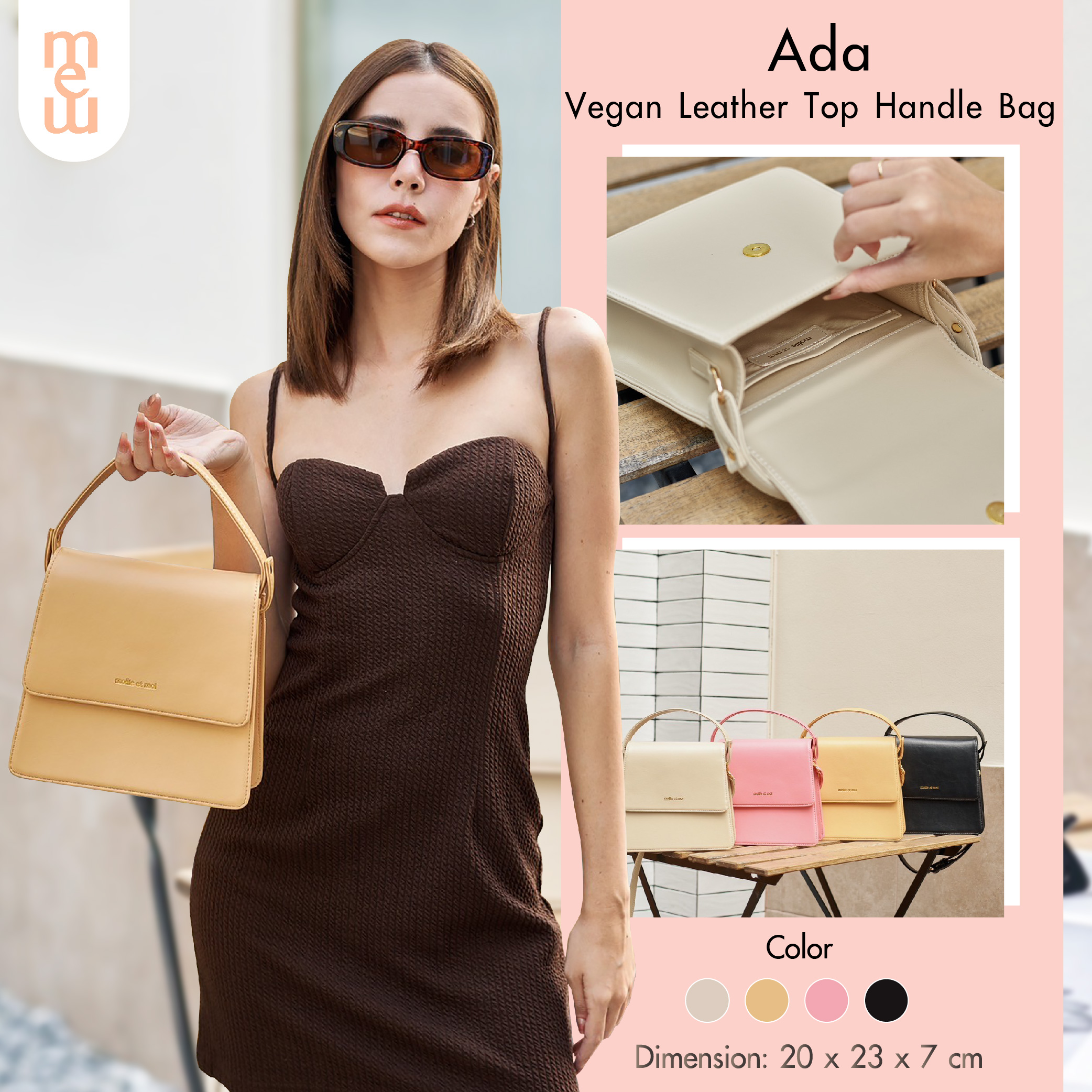 Ada Vegan Leather Top Handle Bag กระเป๋าหนังวีแก้น กระเป๋าถือ กระเป๋าสะพาย กระเป๋าแฟชั่น ทรงสวย ทำจากหนังวีแก้น สินค้าคุณภาพ พร้อมส่ง ราคา 2,690 บาท*ส่งฟรี