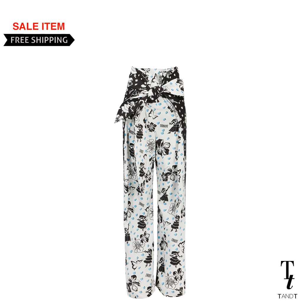 TandT - Tahitian Dance Printed High Rise Wide Leg Wrap Pants กางเกงเลย์ เอวสูง ผูกเอว พิมพ์ลาย ตาฮิเตียนแด๊นซ์ ตัดต่อลาย 2 สี ราคา 1,290 บาท*ส่งฟรี
