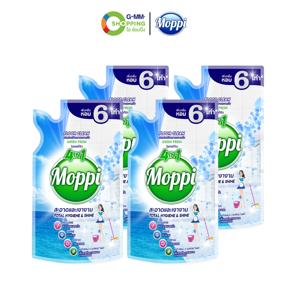 MOPPI มอปปี้ ผลิตภัณฑ์ทาความสะอาดพื้น กลิ่นกรีนเฟรช สีฟ้า ขนาด 600 มล. (4 ถุง) #130137 ราคา 129 บาท*ส่งฟรี