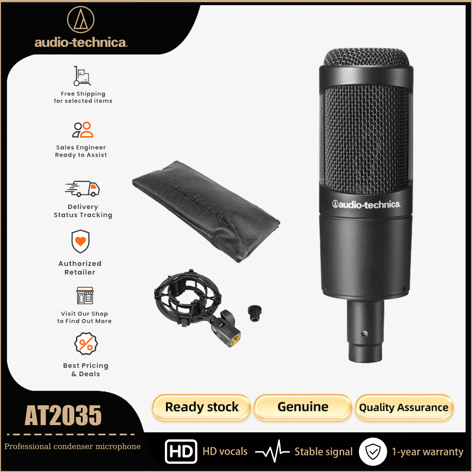 Cardioid Condenser Microphone At2035 Audio Technique Ideal for Studios, Podcasts and Streaming Media Xlr Output Black