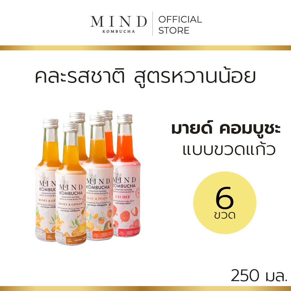 มายด์ คอมบูชะ ขวดแก้วพร้อมดื่ม สูตรน้ำตาลน้อย [6 ขวด] ขนาด 250 มล. (50 แคล) ราคา 660 บาท*ส่งฟรี