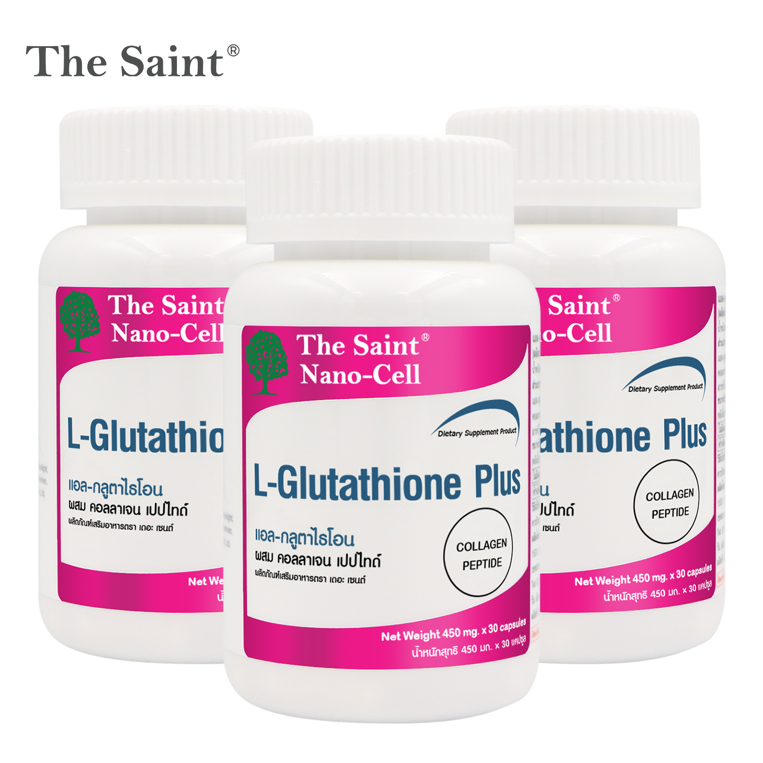 [แพ็ค 3 ขวด] กลูต้า กลูต้าไธโอน แอล-กลูตาไธโอน คอลลาเจน เดอะเซนต์ L-Glutathione plus Collagen Peptide The Saint Gluta Glutathione แอลกลูต้าไธโอน กลูต้าขาว ราคา 2,460 บาท*ส่งฟรี