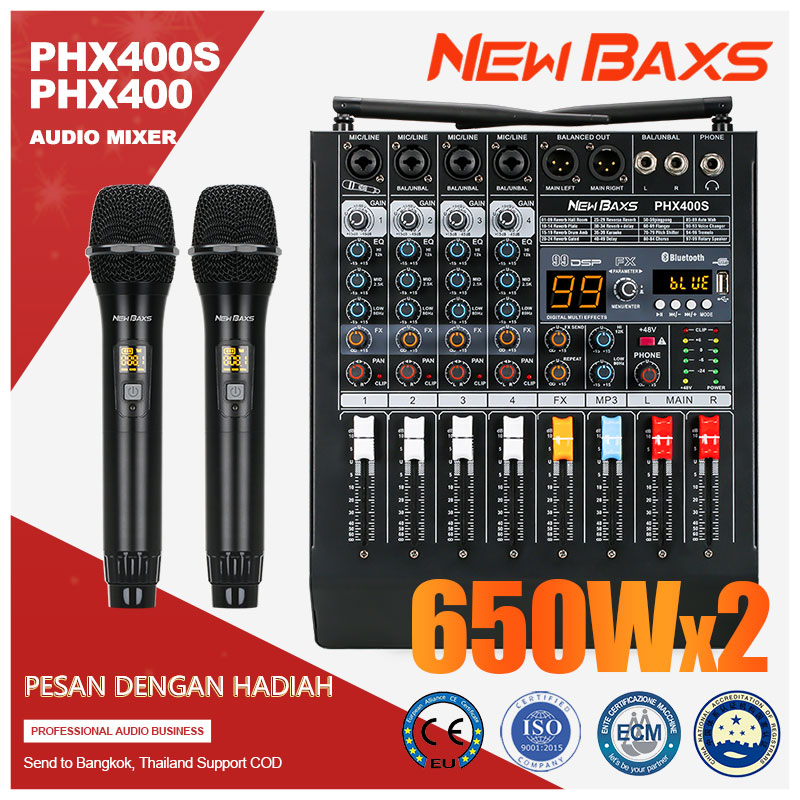 NewBaxs Phx400/phx400s professional power mixer 4 channel microphone wireless range 99dsp 80m family range KTV /MP3/USB 2 channel 650W amp 【cod】 ราคา 2,499 บาท*ส่งฟรี