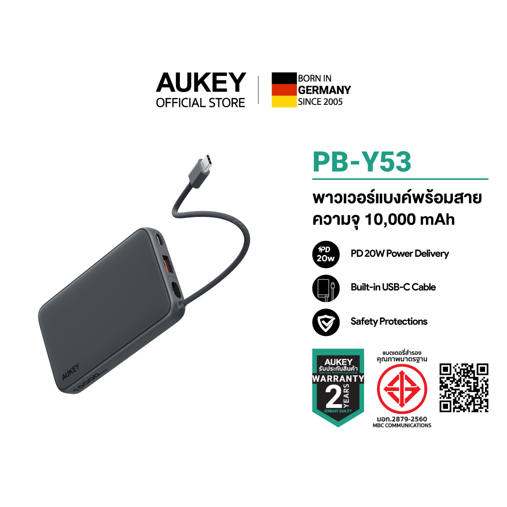 AUKEY PB-Y53 Power Bank, Fast Charging, Spark Sling 10,000 Mah Power Bank, Supports Fast Charging Pd 20W, Built-In Usb-C Charging Cable, Small Power Bank, Easy to Carry.
