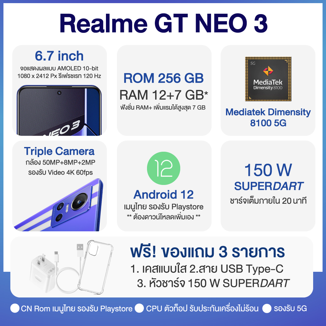 รูปภาพรายละเอียดของ [New Arrival] Realme GT NEO 3 (12+256GB) | Dimensity 8100 5G 6.7 นิ้ว 120Hz | ชาร์จไว 80W/150W พร้อมส่งจากไทย ของแท้ 100%
