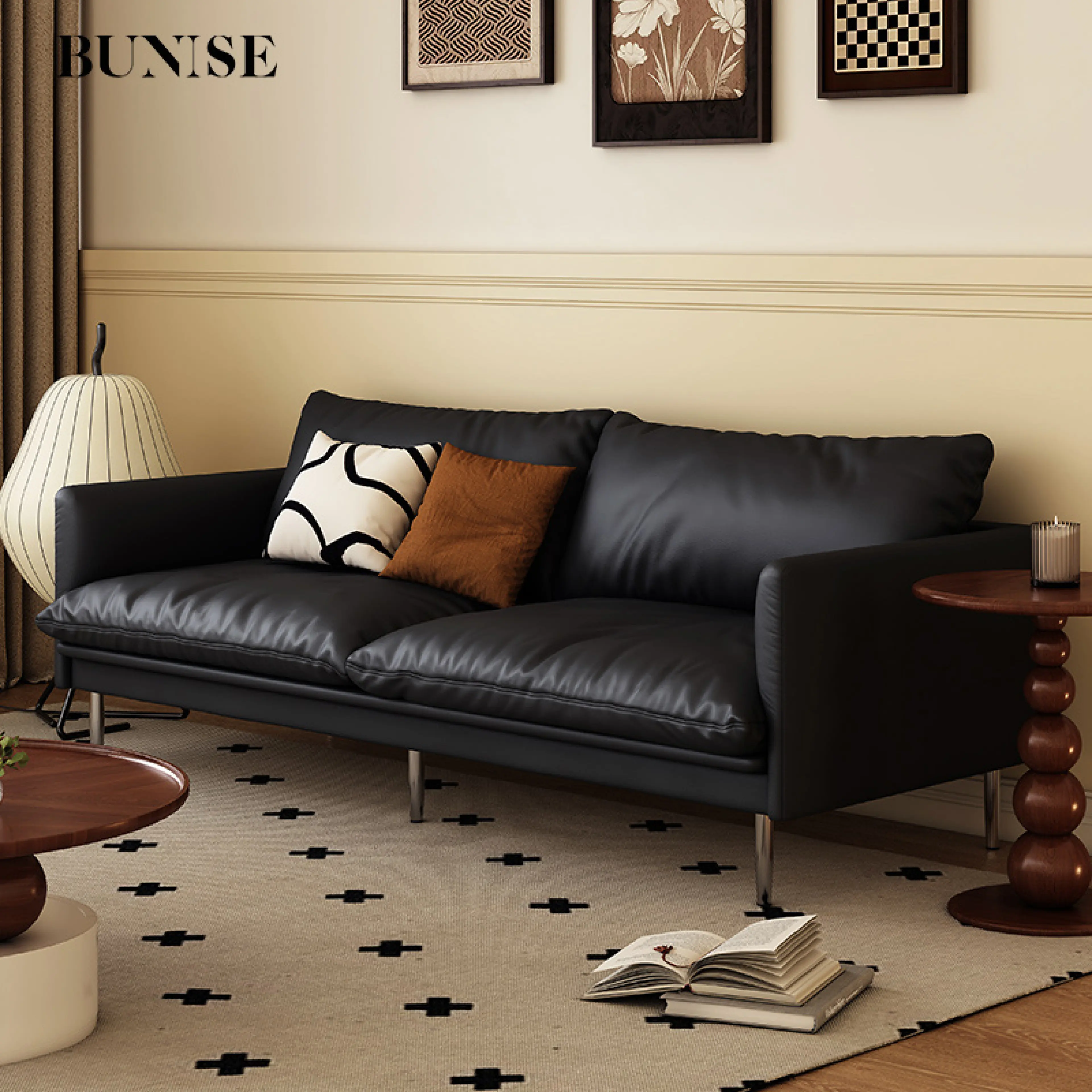 BUNISE MD01 Glossy Leather Sofa - 1-4 Seater French Vintage Luxury Sofa
