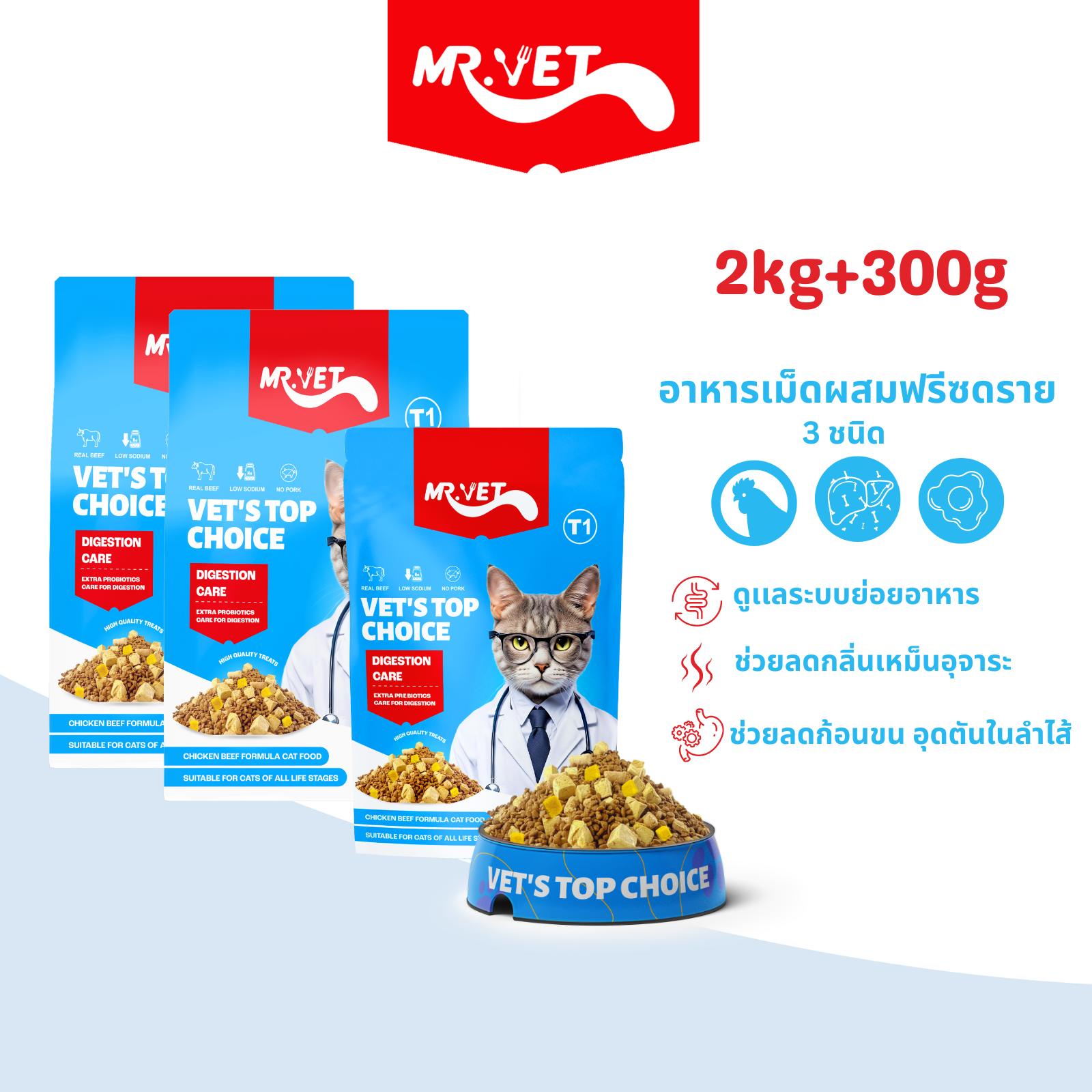 MRVET อาหารแมว Holistic 2kg+300g ระดับโปรตีน 30% ขนมแมว สำหรับทุกวัย บำรุงขนและผิวหนัง ผสมฟรีซดราย 3 ชนิดCombo! ราคา 54 บาท*ส่งฟรี