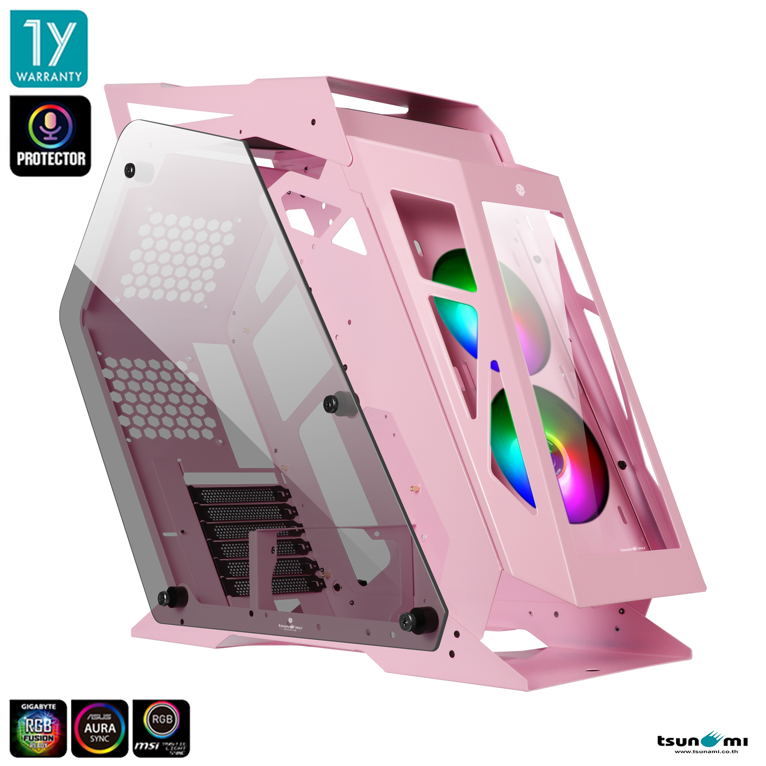 Tsunami Protector Goliath (Protector Sound Sync) Tempered Glass ATX Mutant Gaming Computer Case with Ablaze+ (Aura）*2
