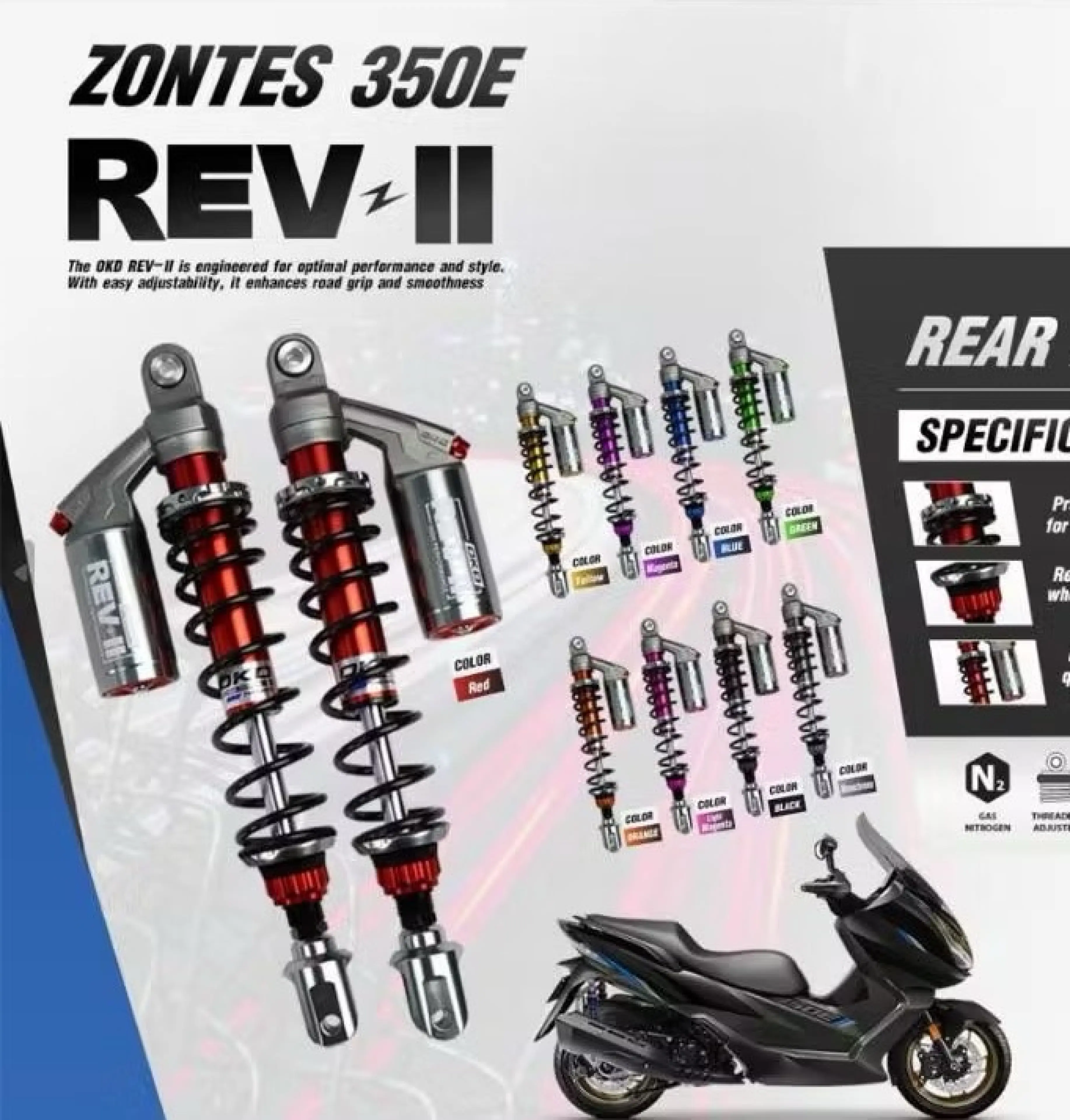 Okd Rear Shock Model Rev-Ii (Adjustable at 2 Points) for Zontes 350E / Zontes 368K/ / Zon/ Pigparts/Zontes368D/Zontes368G