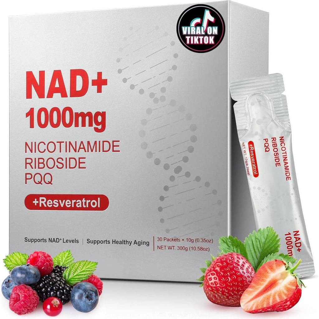 อาหารเสริม NAD+ ชนิดน้ำ 1000 มก. ความเข้มข้นสูง, นิโคตินาไมด์ ริโบไซด์ และเรสเวอราทรอล พร้อม PQQ, เพิ่มพลังงานเซลล์, สมาธิ และการสูงวัยอย่างมีสุขภาพดี - 1 ชิ้น