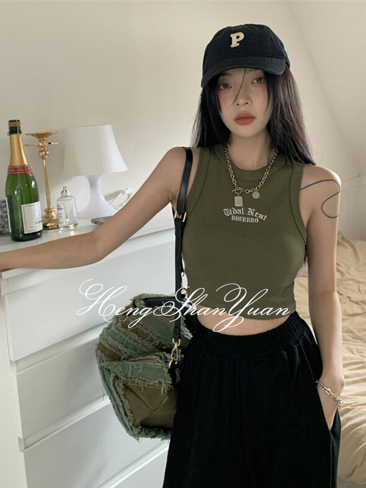 HengShanYuan Women's Crop Top European and American style letter embroidery T-shirt y2k sleeveless slim short navel cut T-shirt Spicy crop top half tank top ราคา 72 บาท*ส่งฟรี