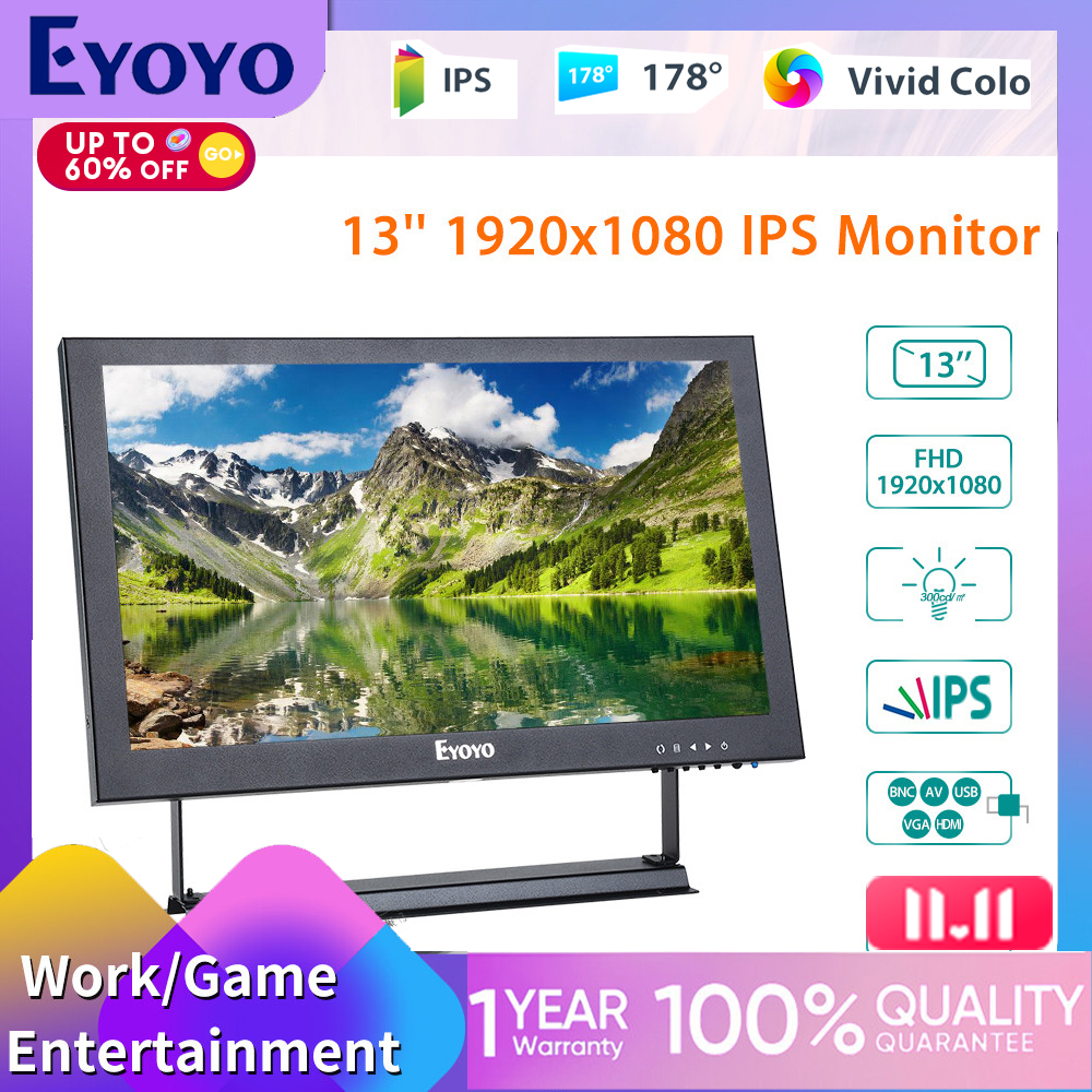 Eyoyo 13inch HDMI IPS Monitor 1920x1080 IPS-LCD Screen Display with BNC/VGA/AV Output,For CCTV DVD PC Laptop DVR CCD Camera，Built-in Loudspeakers ราคา 4,999 บาท*ส่งฟรี