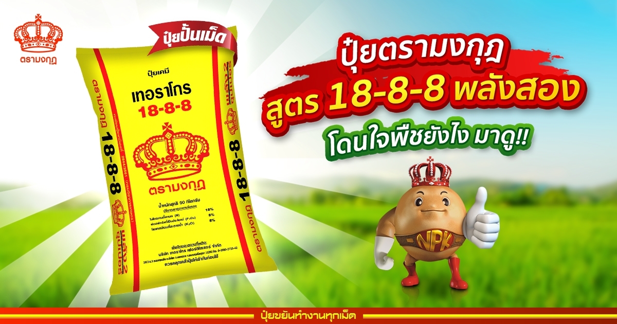 ปุ๋ยสูตร 18-8-8 ตรามงกุฎ ขนาด 50 กก. เร่งต้น เร่งใบ ช่วยขยายรากต้นไม้ ราคา 1,299 บาท*ส่งฟรี